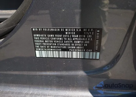 2013 Volkswagen Jetta 2.0L S from USA, damaged, VIN 3VW2K7AJ0DM402300